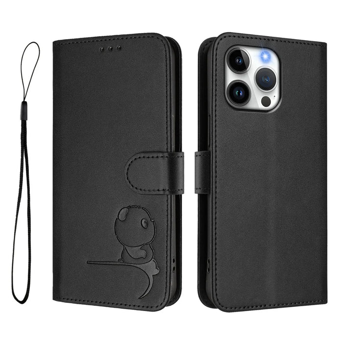 For iPhone 16 Pro Max Case Panda Imprint RFID Blocking Wallet Leather Phone Cover with Wrist Strap - Black - 1