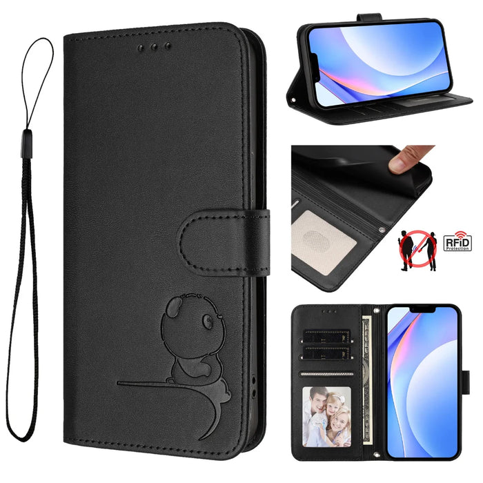 For iPhone 16 Pro Max Case Panda Imprint RFID Blocking Wallet Leather Phone Cover with Wrist Strap - Black - 2