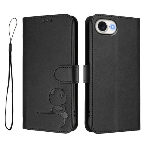 For iPhone 17e / 16e Case Panda Imprint RFID Blocking Wallet Leather Phone Cover with Wrist Strap - Black - 1