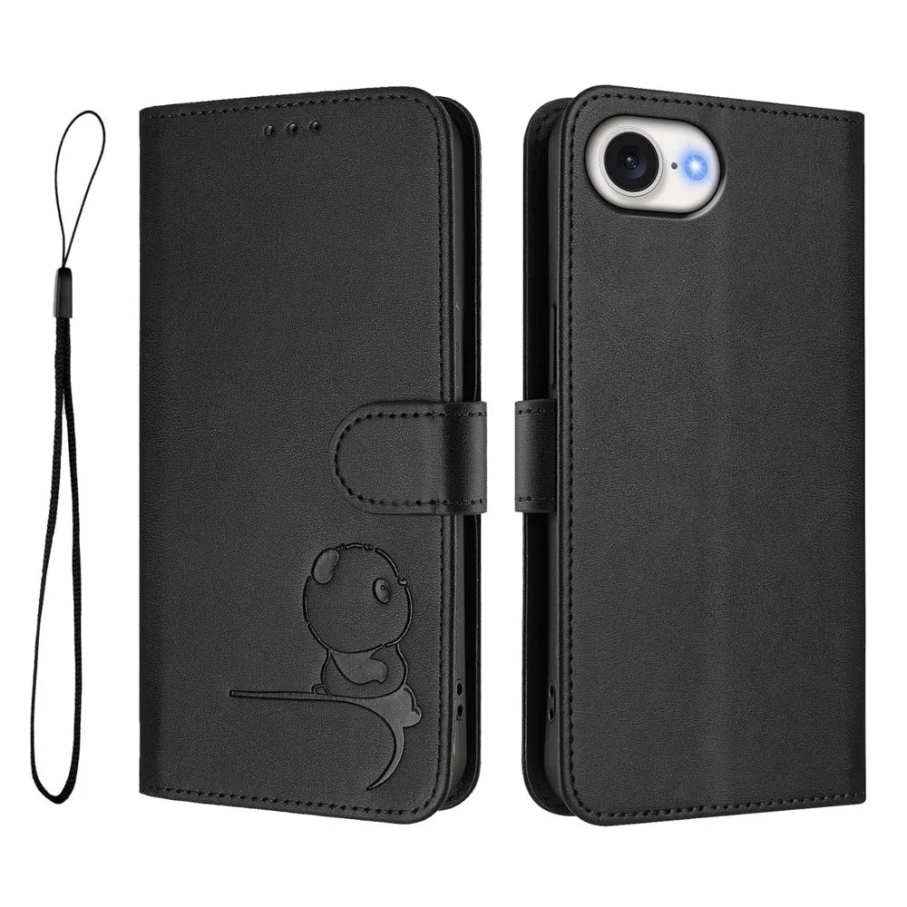 For iPhone 17e / 16e Case Panda Imprint RFID Blocking Wallet Leather Phone Cover with Wrist Strap - Black - 1
