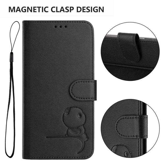 For iPhone 17e / 16e Case Panda Imprint RFID Blocking Wallet Leather Phone Cover with Wrist Strap - Black - 3