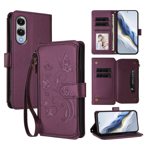 For Samsung Galaxy S25 Edge Leather Case Butterfly Floral Imprint Zipper Wallet Stand Cover with Wrist Strap - Purple - 1