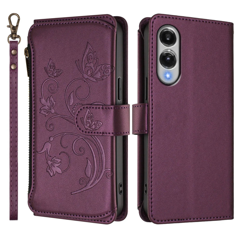 For Samsung Galaxy S25 Edge Leather Case Butterfly Floral Imprint Zipper Wallet Stand Cover with Wrist Strap - Purple - 2