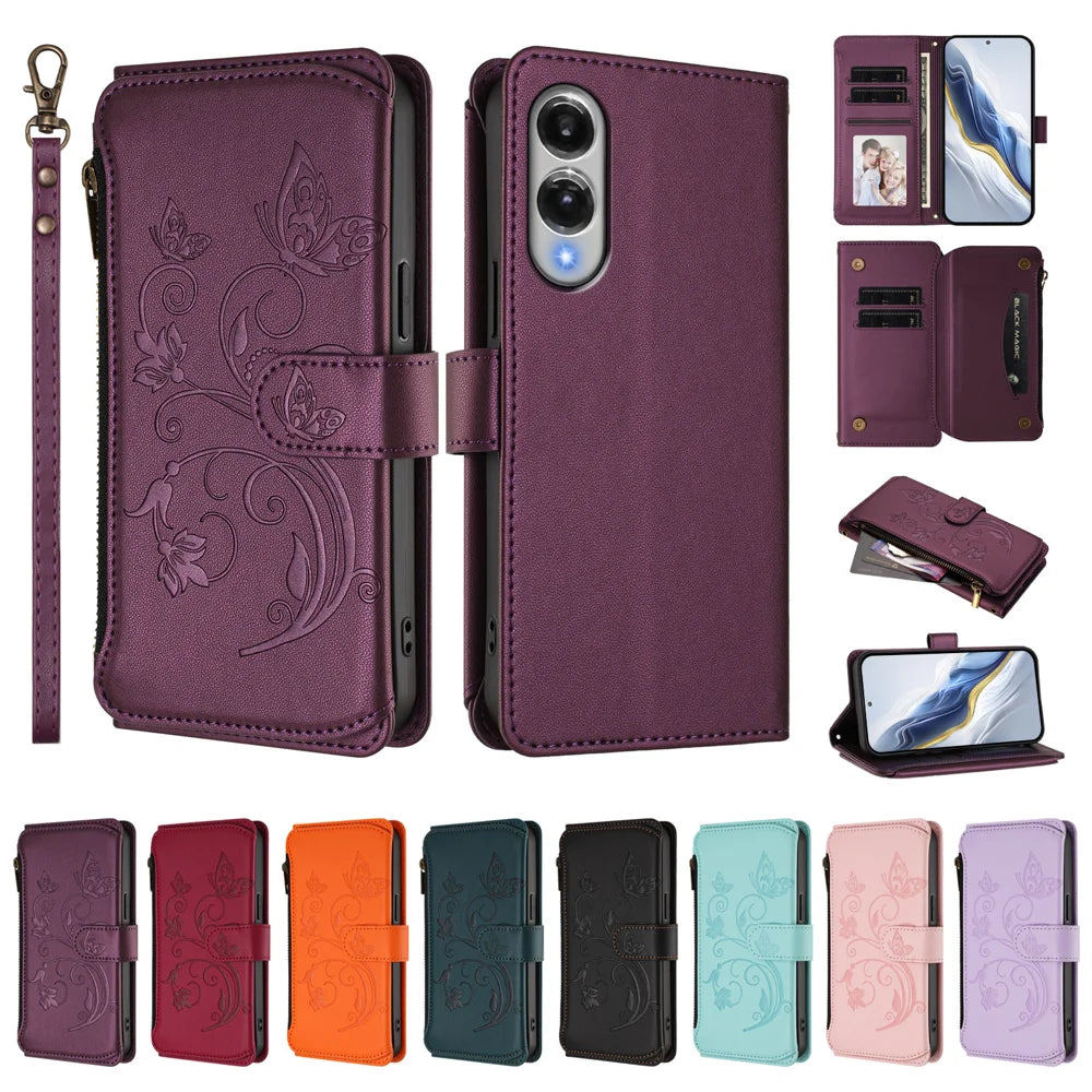 For Samsung Galaxy S25 Edge Leather Case Butterfly Floral Imprint Zipper Wallet Stand Cover with Wrist Strap - Purple - 4