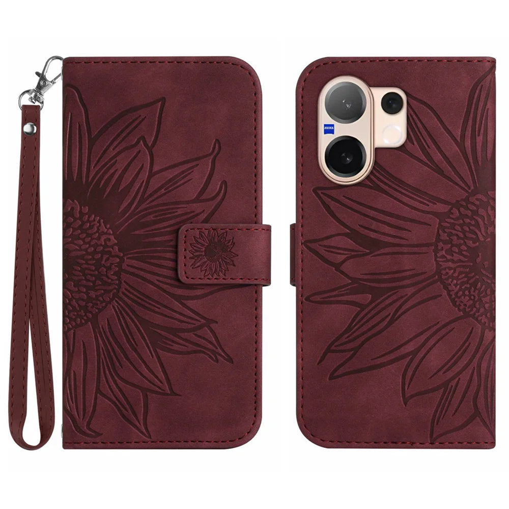 For vivo V60 5G Case Sunflower Imprint Leather Wallet Phone Cover with Wrist Strap - Wine Red - 1