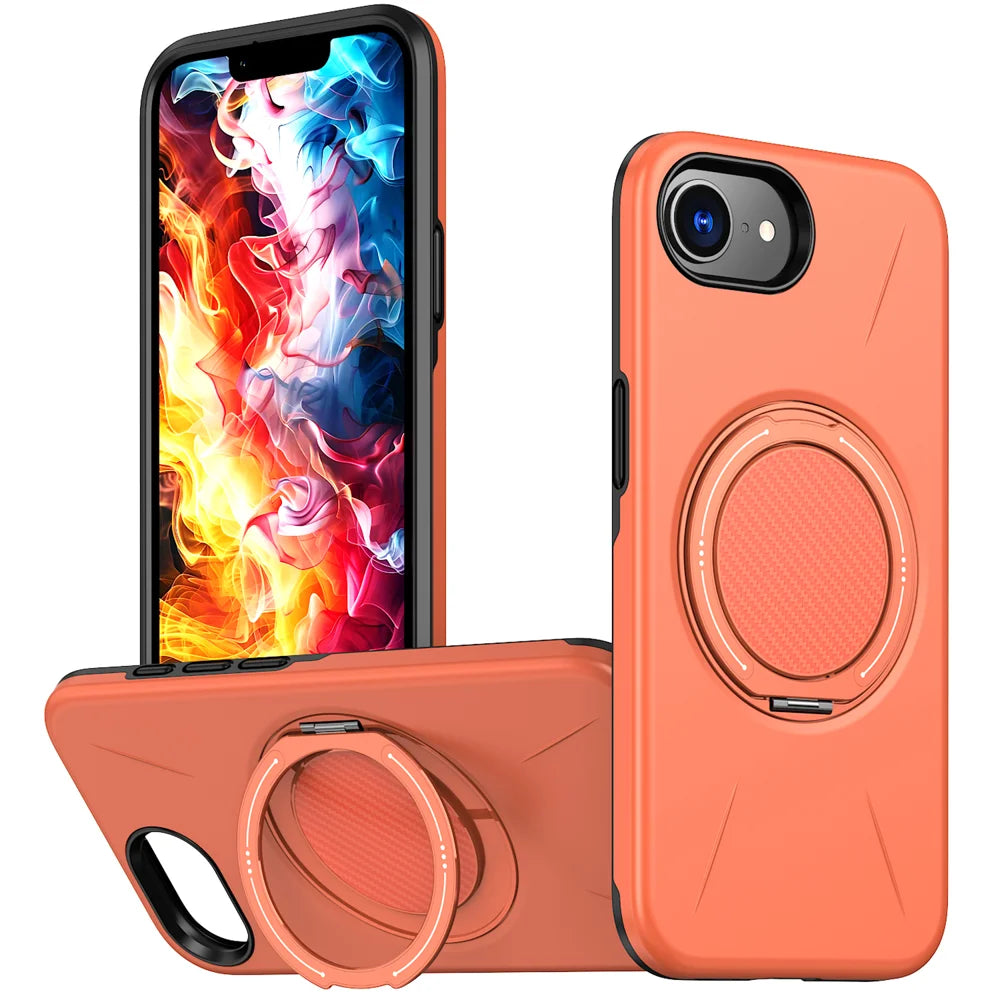 For iPhone 17e / 16e Magnetic Case Rotating Kickstand TPU + PC Phone Cover - Orange - 1