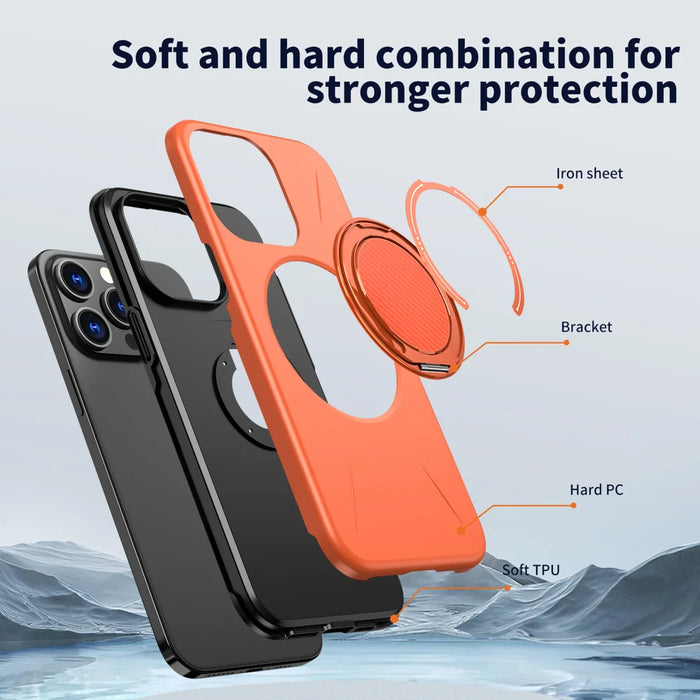For iPhone 15 Pro Max Magnetic Case Rotating Kickstand TPU + PC Phone Cover - Orange - 6