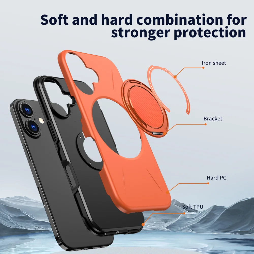 For iPhone 16 Magnetic Case Rotating Kickstand TPU + PC Phone Cover - Orange - 6