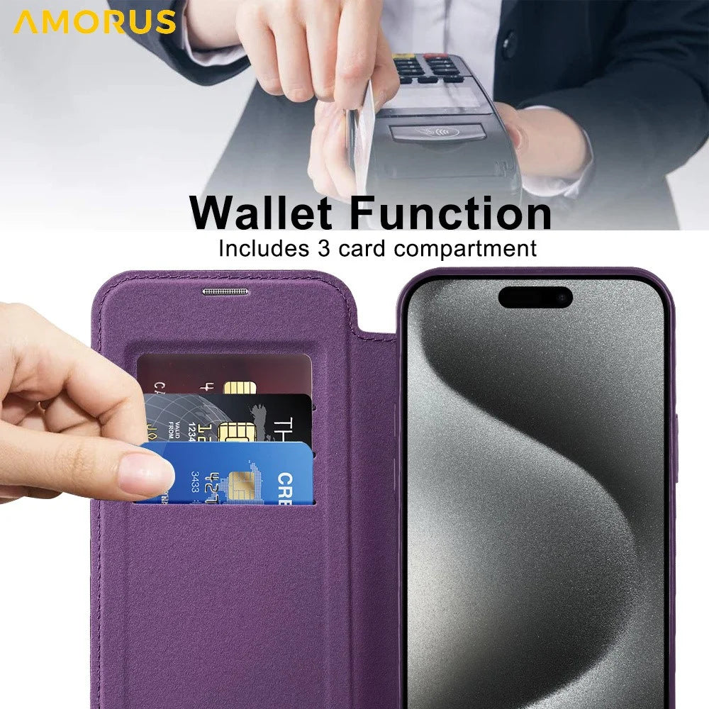 AMORUS For iPhone 13 Pro Case Compatible with MagSafe RFID Blocking Card Holder Leather Phone Cover - Dark Purple - 5