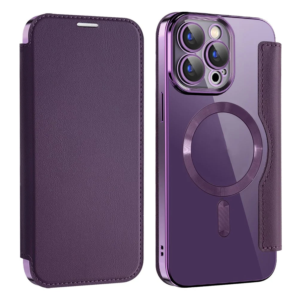 AMORUS For iPhone 13 Pro Max Case Compatible with MagSafe RFID Blocking Card Holder Leather Phone Cover - Dark Purple - 1
