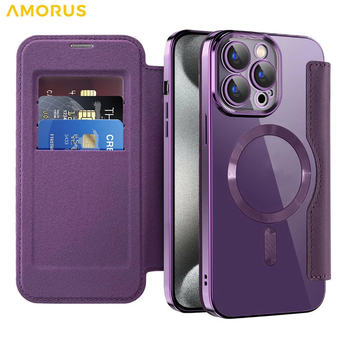 AMORUS For iPhone 13 Pro Max Case Compatible with MagSafe RFID Blocking Card Holder Leather Phone Cover - Dark Purple - 2