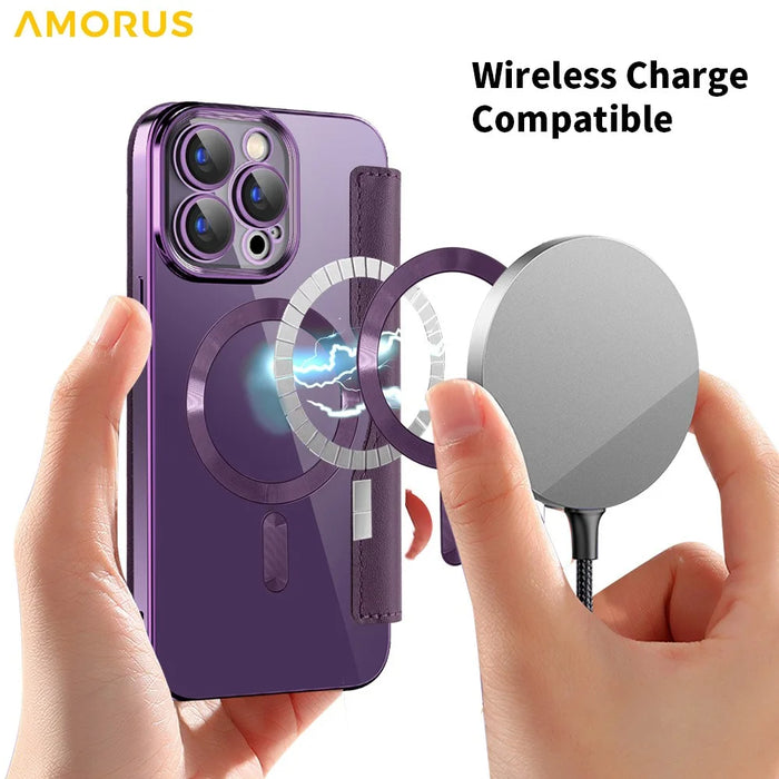 AMORUS For iPhone 13 Pro Max Case Compatible with MagSafe RFID Blocking Card Holder Leather Phone Cover - Dark Purple - 3