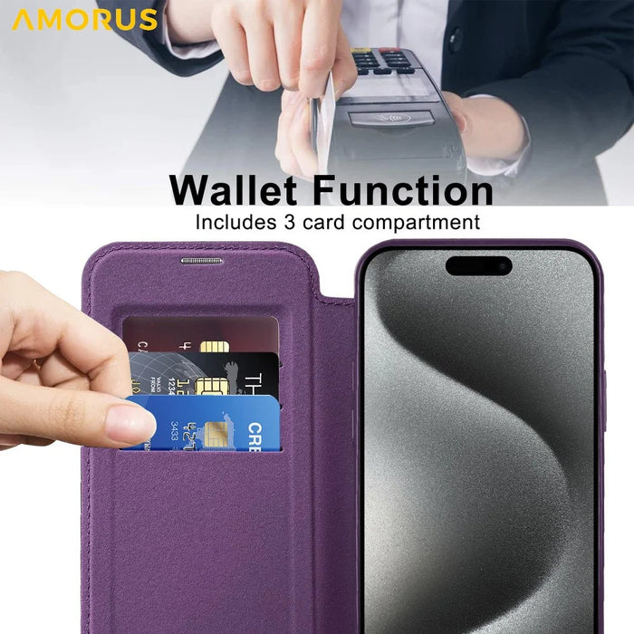 AMORUS For iPhone 13 Pro Max Case Compatible with MagSafe RFID Blocking Card Holder Leather Phone Cover - Dark Purple - 5
