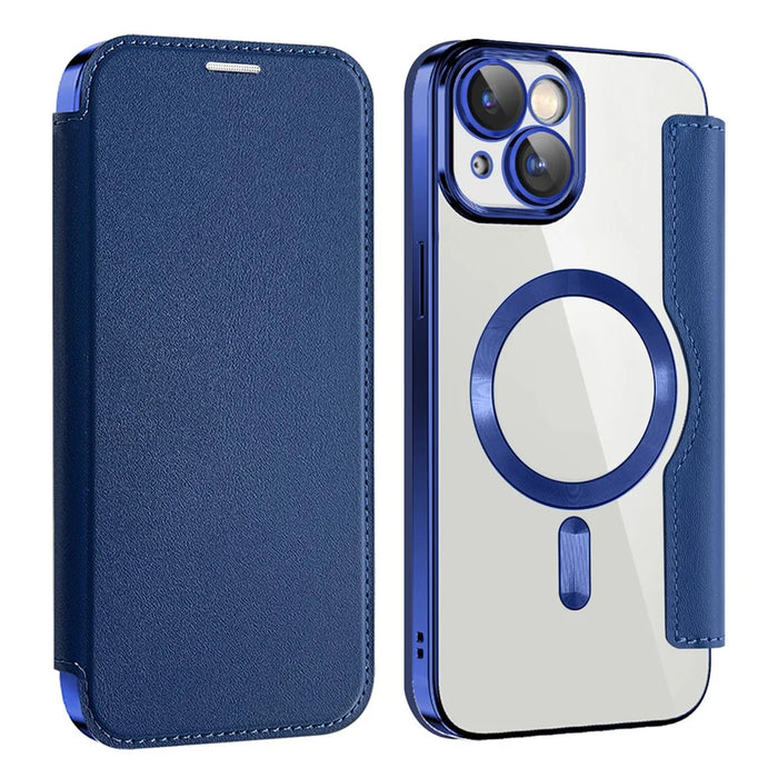 AMORUS For iPhone 14 Case Compatible with MagSafe RFID Blocking Card Holder Leather Phone Cover - Sapphire - 1