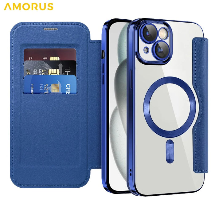 AMORUS For iPhone 14 Case Compatible with MagSafe RFID Blocking Card Holder Leather Phone Cover - Sapphire - 2