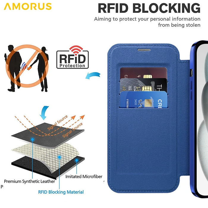 AMORUS For iPhone 14 Case Compatible with MagSafe RFID Blocking Card Holder Leather Phone Cover - Sapphire - 4