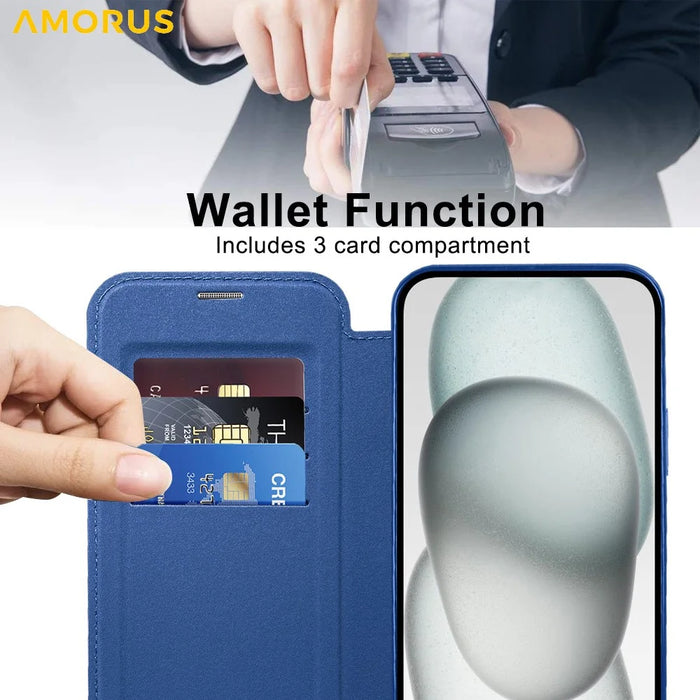 AMORUS For iPhone 14 Case Compatible with MagSafe RFID Blocking Card Holder Leather Phone Cover - Sapphire - 5
