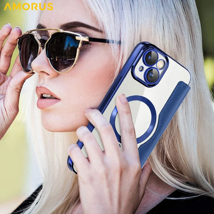 AMORUS For iPhone 14 Case Compatible with MagSafe RFID Blocking Card Holder Leather Phone Cover - Sapphire - 7