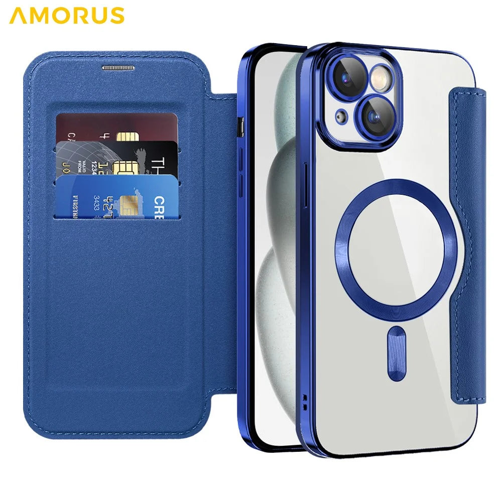 AMORUS For iPhone 15 Case Compatible with MagSafe RFID Blocking Card Holder Leather Phone Cover - Sapphire - 2