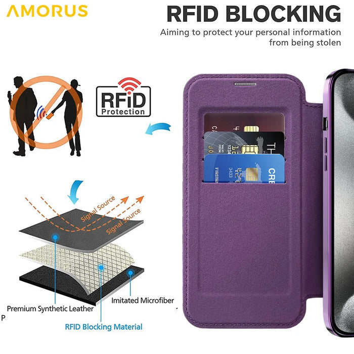 AMORUS For iPhone 15 Pro Case Compatible with MagSafe RFID Blocking Card Holder Leather Phone Cover - Dark Purple - 4