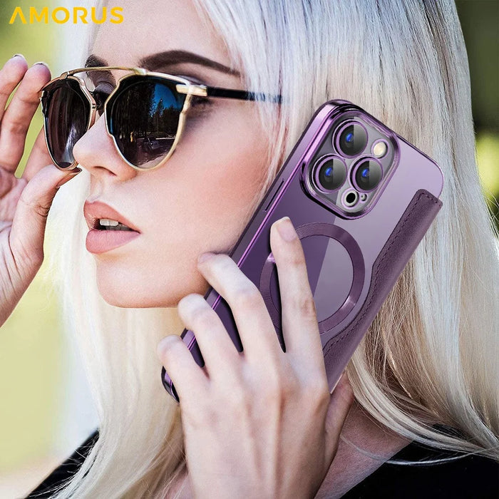 AMORUS For iPhone 15 Pro Case Compatible with MagSafe RFID Blocking Card Holder Leather Phone Cover - Dark Purple - 7