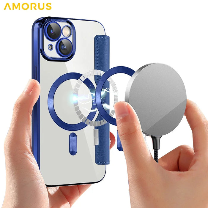 AMORUS For iPhone 15 Plus Case Compatible with MagSafe RFID Blocking Card Holder Leather Phone Cover - Sapphire - 3