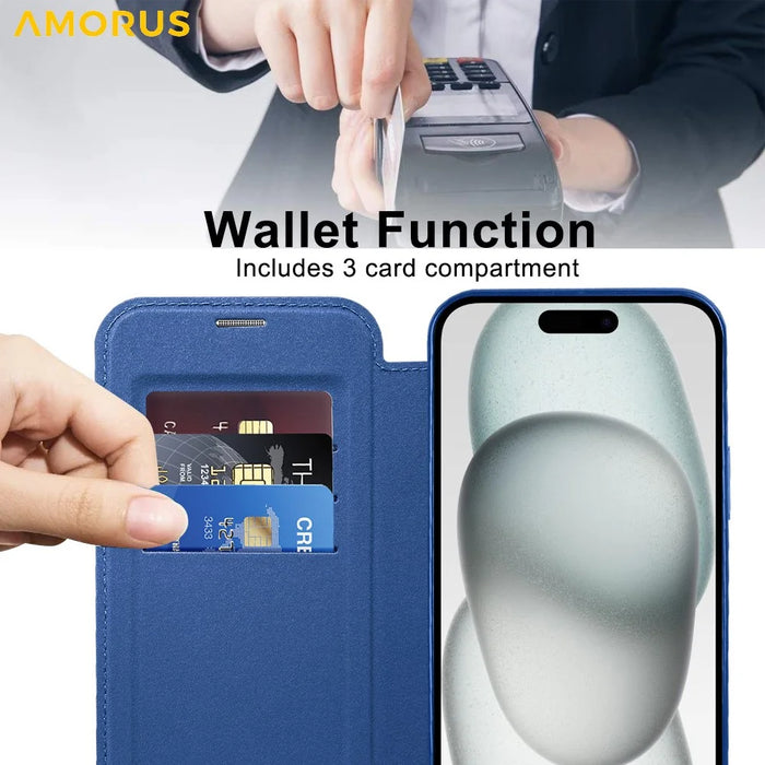 AMORUS For iPhone 15 Plus Case Compatible with MagSafe RFID Blocking Card Holder Leather Phone Cover - Sapphire - 5
