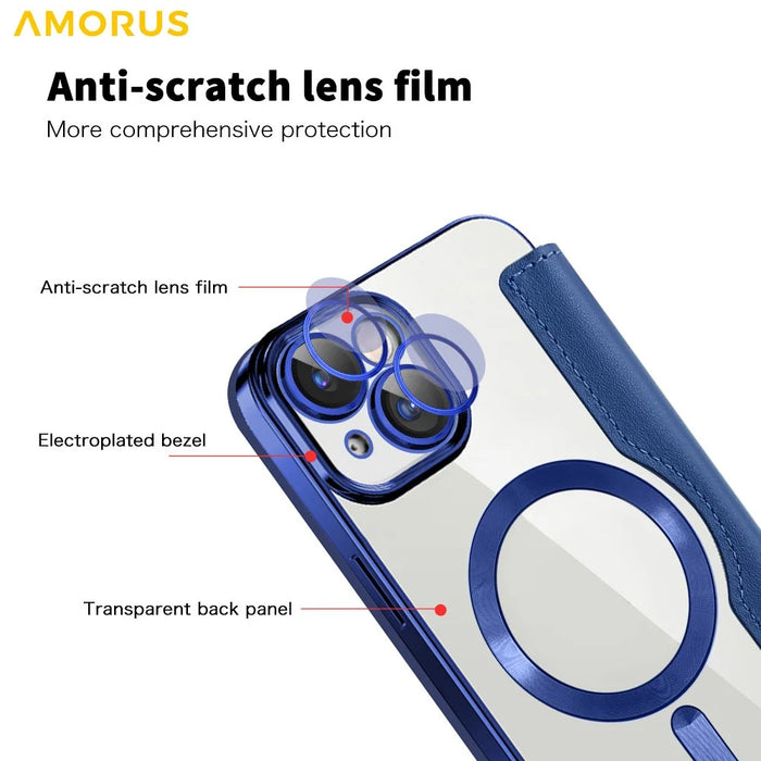 AMORUS For iPhone 15 Plus Case Compatible with MagSafe RFID Blocking Card Holder Leather Phone Cover - Sapphire - 6