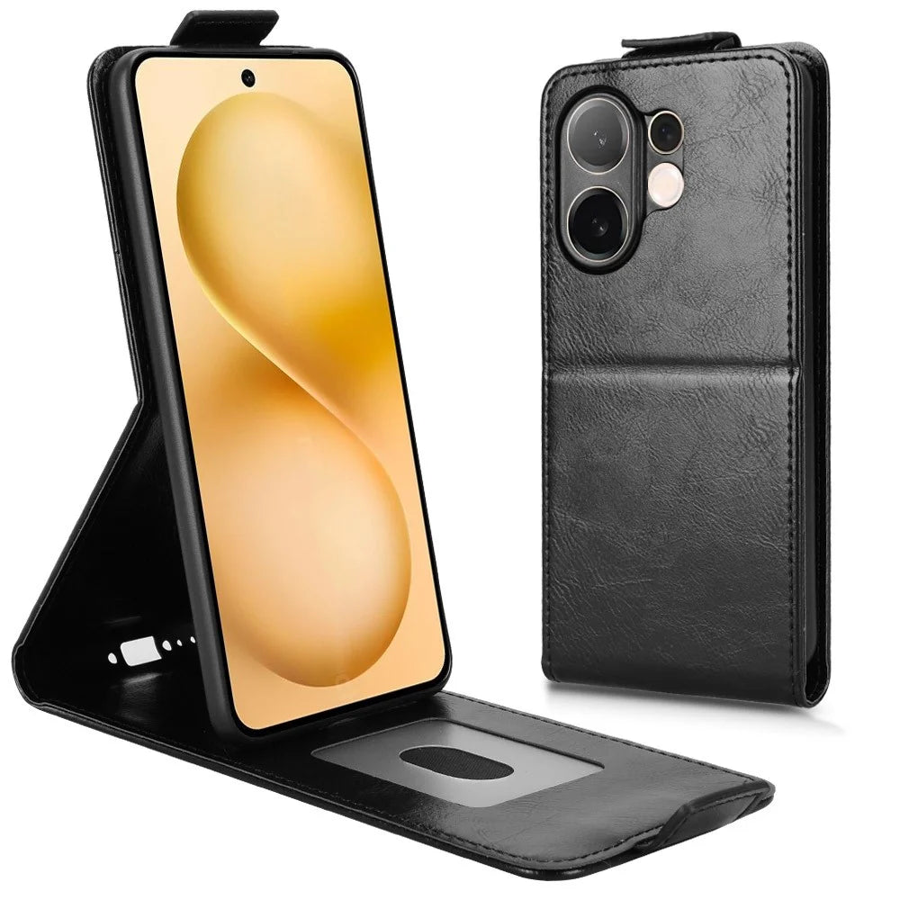 For vivo V60 5G Stand Case Magnetic Clasp Vertical Flip Leather Phone Cover with Card Holder - Black - 1