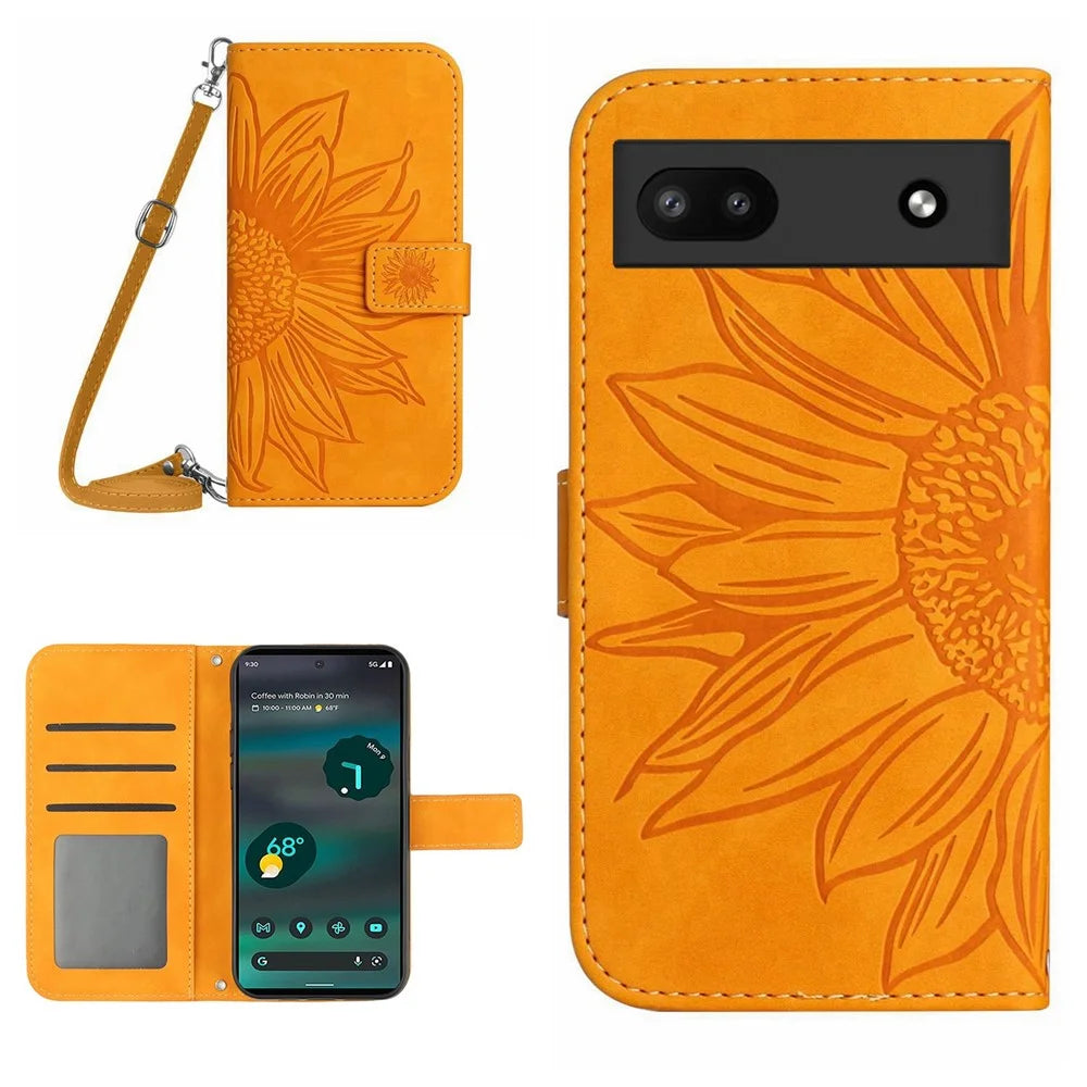 For Google Pixel 6a HT04 PU Leather Sunflower Imprinted Stand Wallet Case Skin-touch Magnetic Clasp Phone Cover with Shoulder Strap - Yellow - 1
