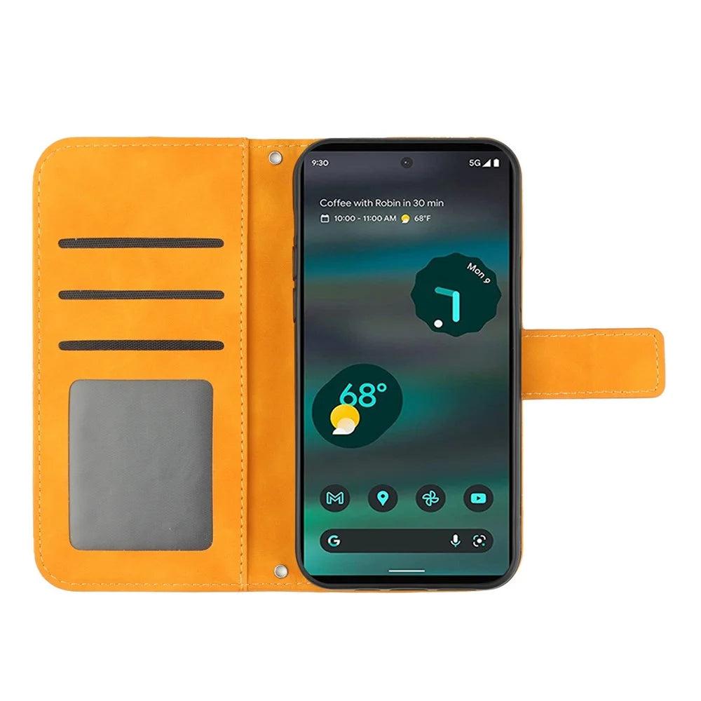 For Google Pixel 6a HT04 PU Leather Sunflower Imprinted Stand Wallet Case Skin-touch Magnetic Clasp Phone Cover with Shoulder Strap - Yellow - 2