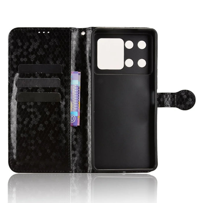 For Cubot P90 Wallet Case Dot Pattern Imprint PU Leather Phone Cover with Wrist Strap - Black - 4