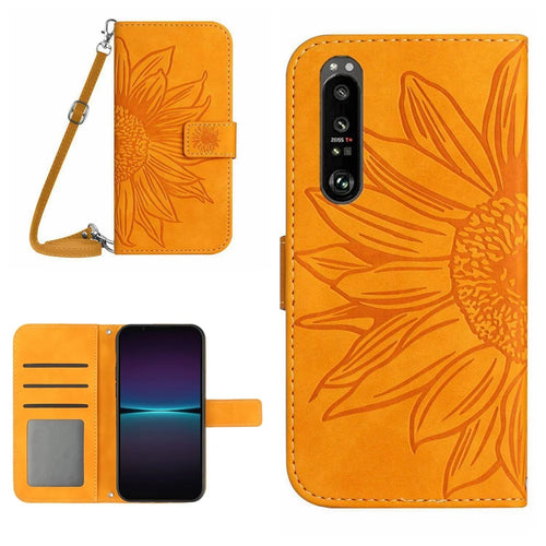 For Sony Xperia 1 IV 5G HT04 Sunflower Imprinted Drop-proof Stand Wallet Case Skin-touch PU Leather Phone Cover with Shoulder Strap - Yellow - 1