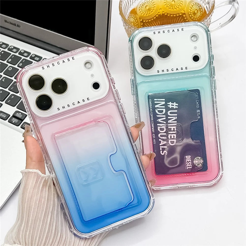 For iPhone 18 Pro / 17 Pro Case Card Holder Gradient Color PC + TPU Anti Drop Phone Back Cover with Lens Film - Blue / Purple - 3