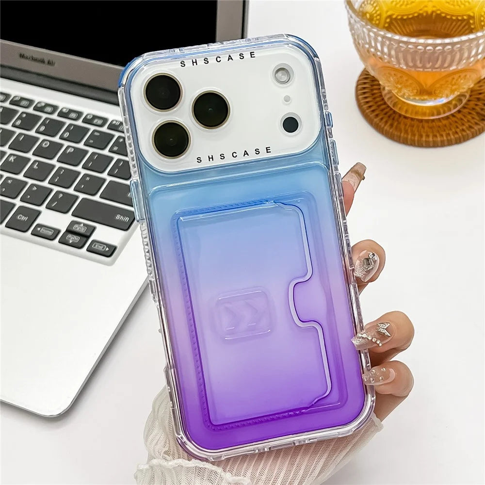 For iPhone 18 Pro Max / 17 Pro Max Case Card Holder Gradient Color PC + TPU Anti Drop Phone Back Cover with Lens Film - Blue / Purple - 2