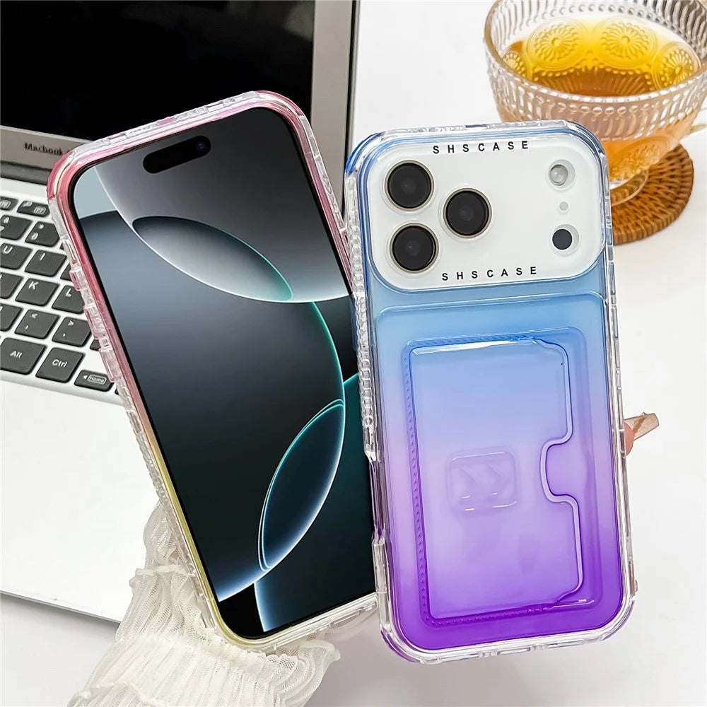 For iPhone 18 Pro Max / 17 Pro Max Case Card Holder Gradient Color PC + TPU Anti Drop Phone Back Cover with Lens Film - Blue / Purple - 4