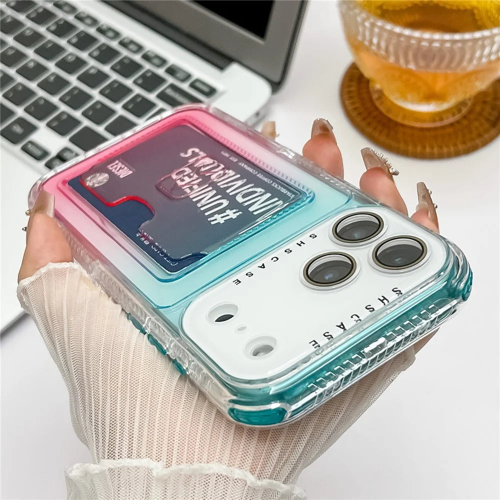 For iPhone 18 Pro Max / 17 Pro Max Case Card Holder Gradient Color PC + TPU Anti Drop Phone Back Cover with Lens Film - Blue / Purple - 5