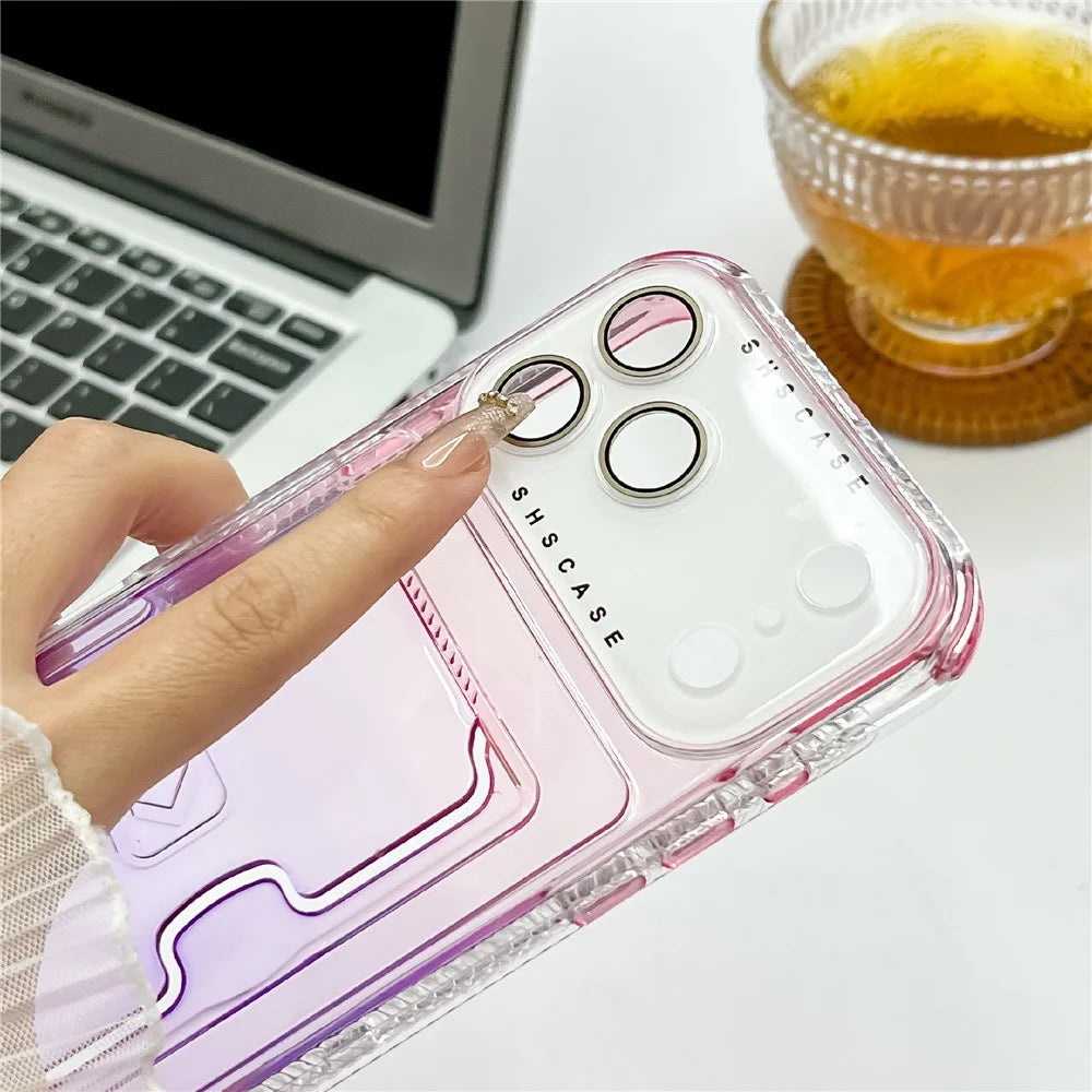 For iPhone 18 Pro Max / 17 Pro Max Case Card Holder Gradient Color PC + TPU Anti Drop Phone Back Cover with Lens Film - Blue / Purple - 6