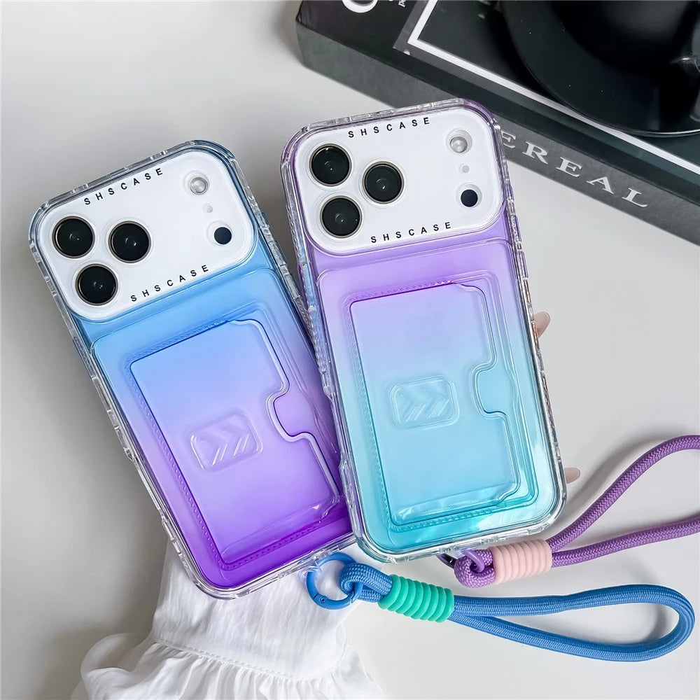 For iPhone 18 Pro / 17 Pro Case Card Holder Gradient Color PC + TPU Phone Back Cover with Lens Film / Wrist Strap - Purple / Sky Blue - 4