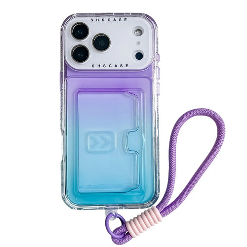 For iPhone 18 Pro Max / 17 Pro Max Case Card Holder Gradient Color PC + TPU Phone Back Cover with Lens Film / Wrist Strap - Purple / Sky Blue - 1