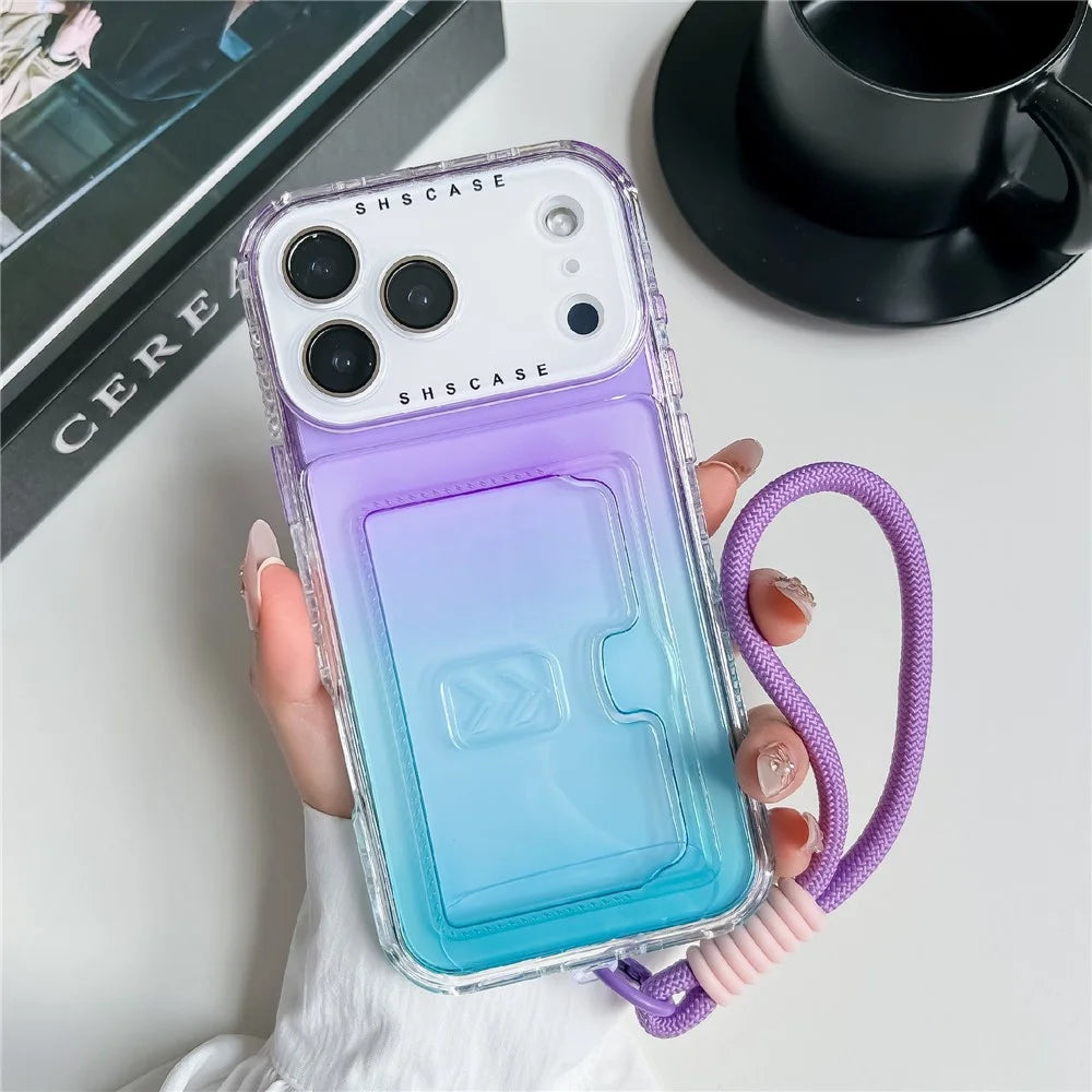 For iPhone 18 Pro Max / 17 Pro Max Case Card Holder Gradient Color PC + TPU Phone Back Cover with Lens Film / Wrist Strap - Purple / Sky Blue - 2