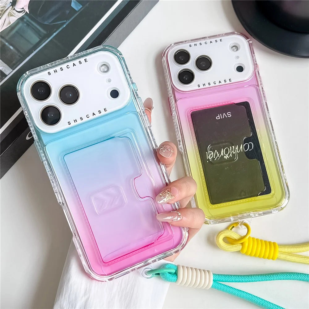 For iPhone 18 Pro Max / 17 Pro Max Case Card Holder Gradient Color PC + TPU Phone Back Cover with Lens Film / Wrist Strap - Purple / Sky Blue - 3