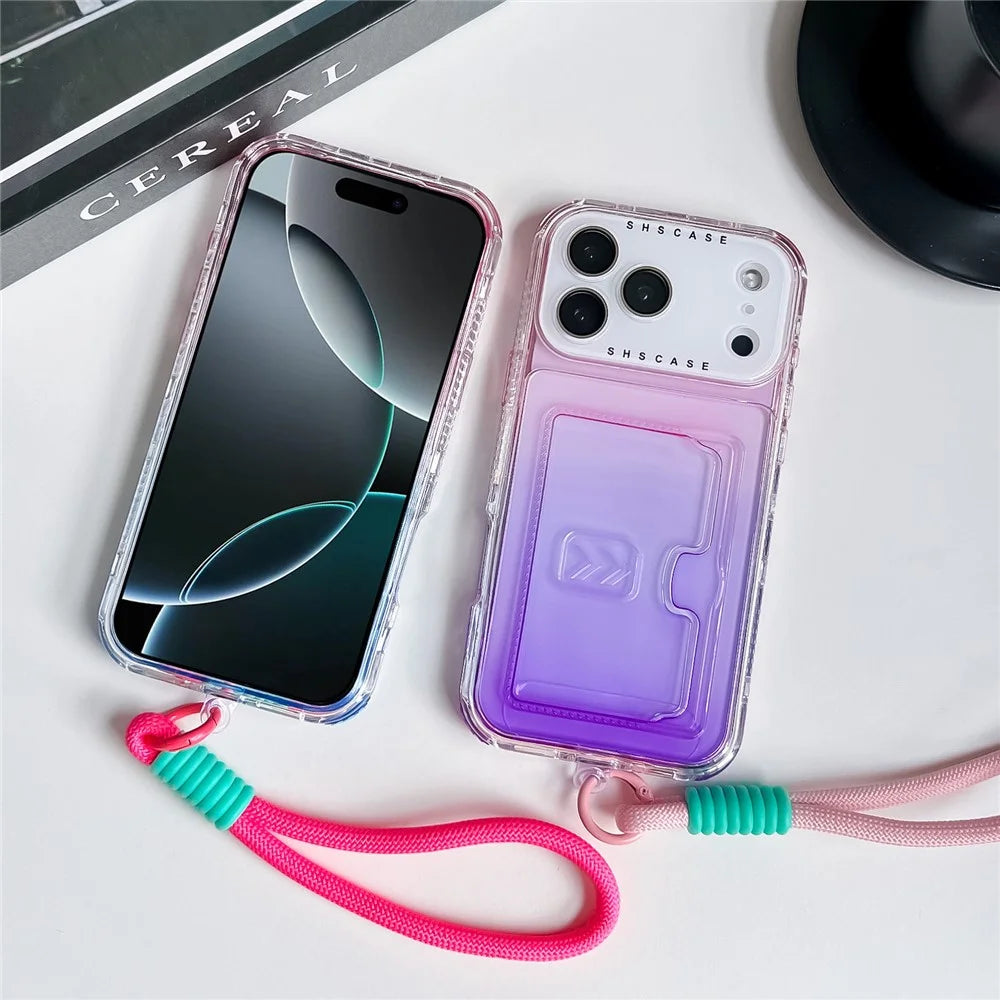 For iPhone 18 Pro Max / 17 Pro Max Case Card Holder Gradient Color PC + TPU Phone Back Cover with Lens Film / Wrist Strap - Purple / Sky Blue - 5