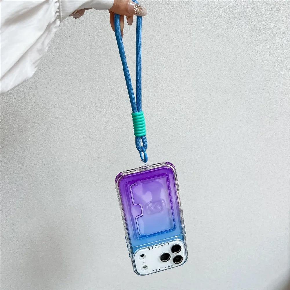 For iPhone 18 Pro Max / 17 Pro Max Case Card Holder Gradient Color PC + TPU Phone Back Cover with Lens Film / Wrist Strap - Purple / Sky Blue - 6