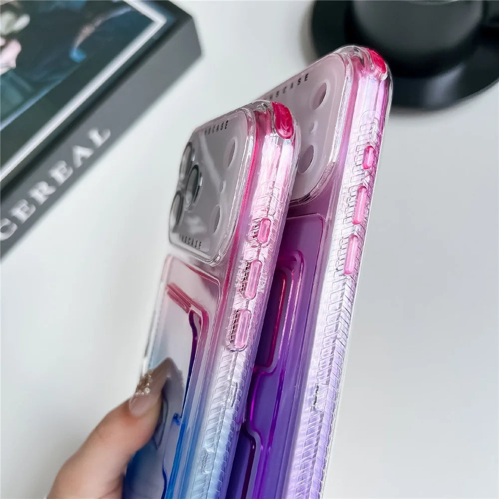For iPhone 18 Pro Max / 17 Pro Max Case Card Holder Gradient Color PC + TPU Phone Back Cover with Lens Film / Wrist Strap - Purple / Sky Blue - 7