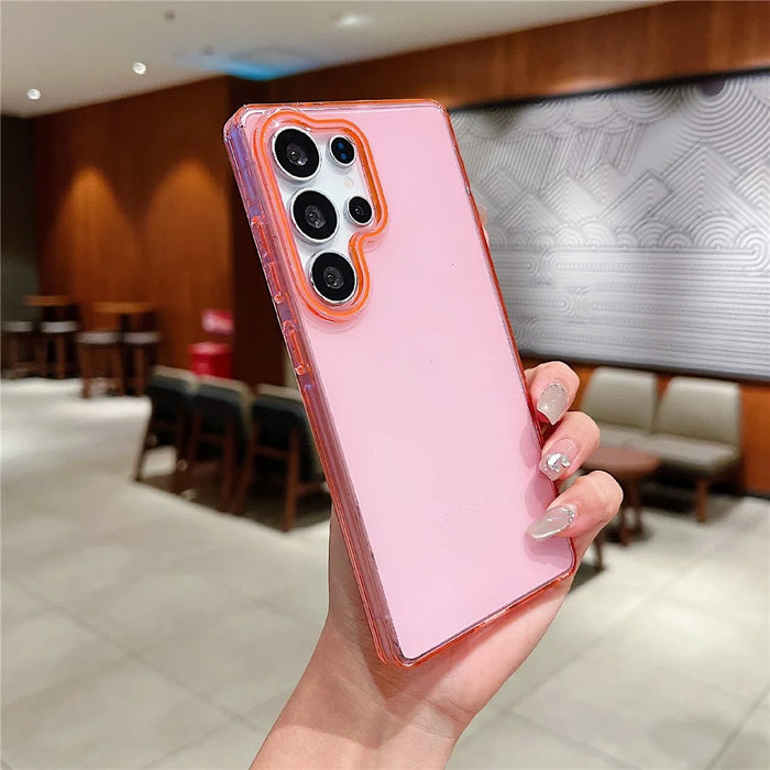 For Samsung Galaxy S25 Ultra Case TPU + PC Shockproof Phone Back Cover with Orange Camera Edge - Transparent Pink - 1