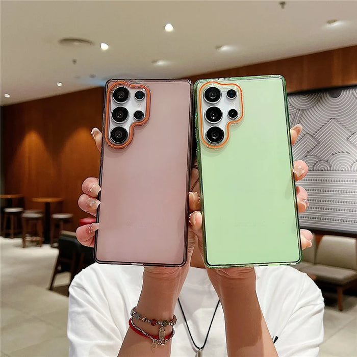 For Samsung Galaxy S25 Ultra Case TPU + PC Shockproof Phone Back Cover with Orange Camera Edge - Transparent Pink - 3