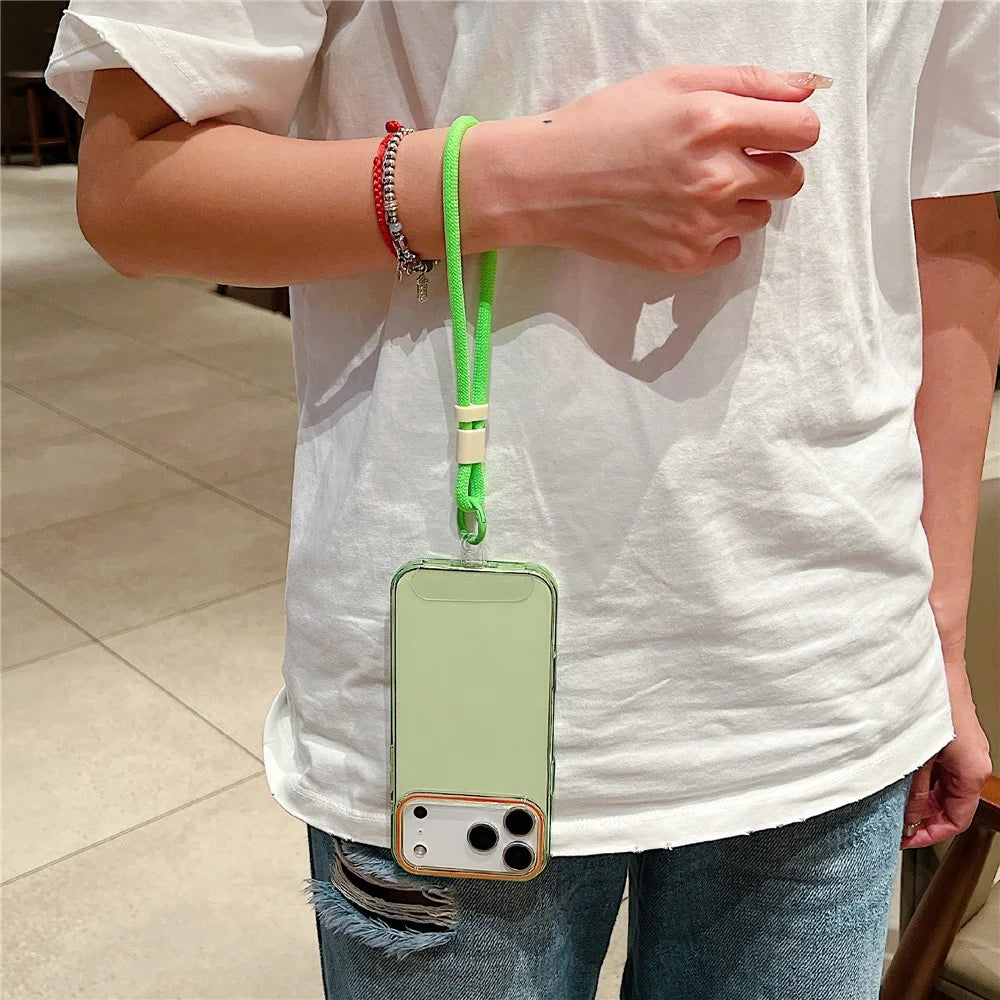 For iPhone 18 Pro / 17 Pro Case with Wrist Strap / Orange Camera Edge TPU + PC Shockproof Phone Back Cover - Transparent Green - 2