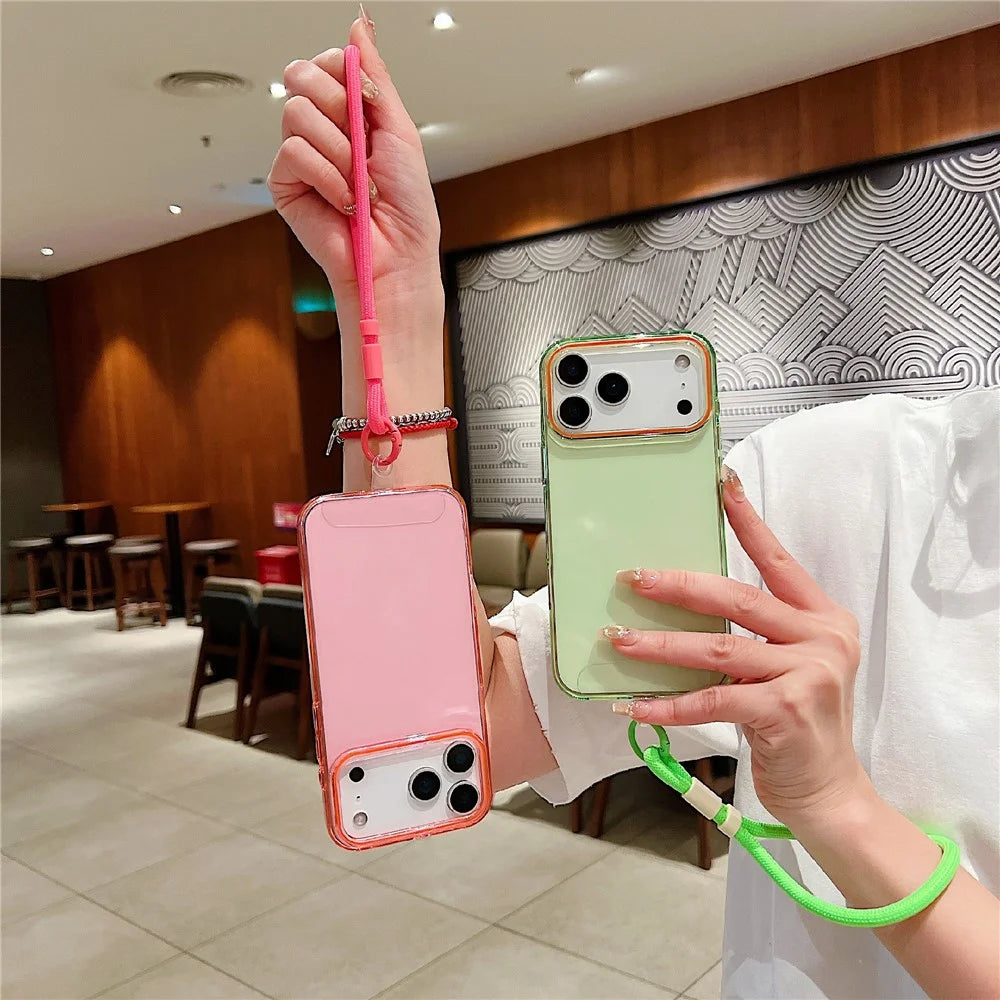 For iPhone 18 Pro / 17 Pro Case with Wrist Strap / Orange Camera Edge TPU + PC Shockproof Phone Back Cover - Transparent Green - 3