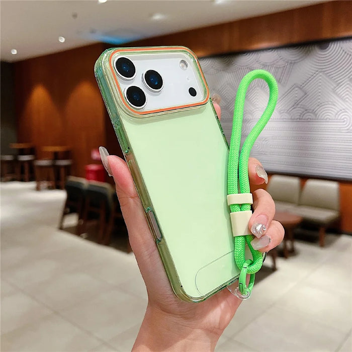 For iPhone 18 Pro Max / 17 Pro Max Case with Wrist Strap / Orange Camera Edge TPU + PC Shockproof Phone Back Cover - Transparent Green - 1